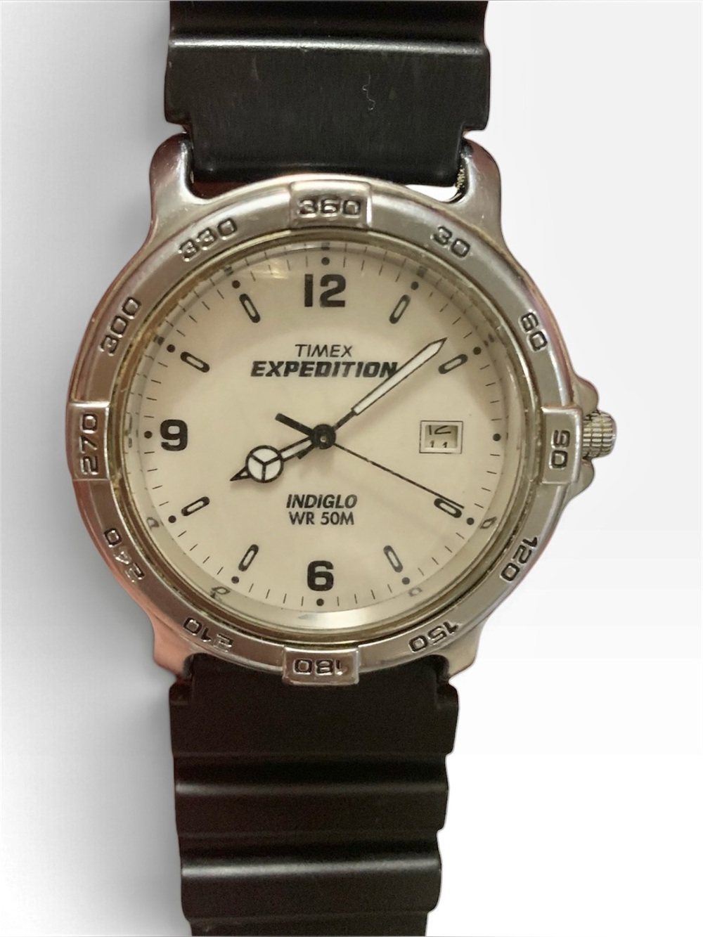 VTG Timex Expedition Indiglo Watch Silver Case Black Rubber Strap New Battery